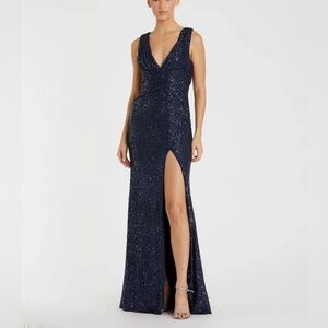 NWT Ieena forMac Duggal Navy Blue V-Neck Sequin Wrap Waist Gown Size 0